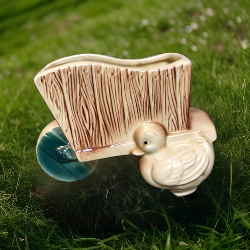 Cream and Brown Ceramic Wheelbarrow Vase with Teal Wheel